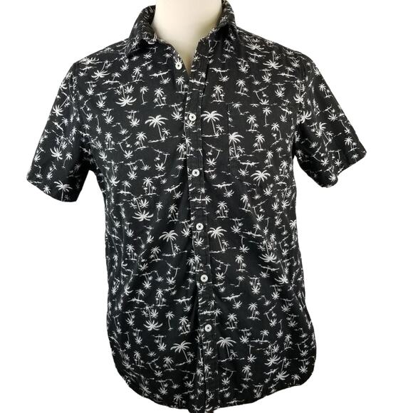 Denim & Flower Short Sleeve Black White Palm Tree Beachy Shirt Excellent! Size L - Picture 1 of 6